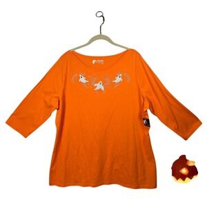 Holiday Editions Halloween Shirt Ghost Graphic Rhinestone 3/4 Sleeve 2X